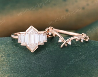 Hexagon cut Moissanite Engagement ring set Vintage rose gold baguette cut Moissanite ring leaf Curved wedding band bridal promise ring