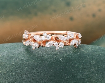 Cluster Moissanite wedding band Unique Rose gold Leaf Wedding band women Antique Marquise cut Diamond ring Bridal Stacking band promise ring