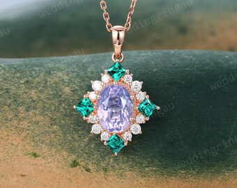 Oval cut Lavender Amethyst necklace Rose gold vintage unique Halo pendant women Antique Necklace anniversary Princess cut Emerald pendant
