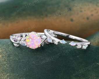 Round cut Pink Opal Engagement ring set Vintage White gold Moonstone Bridal ring set Amethyst ring Opal Curved wedding ring Promise ring