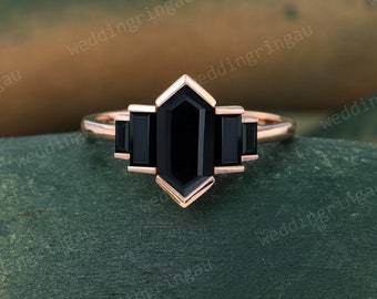 Hexagon cut Black onyx ring Unique Rose gold engagement ring Black gemstone ring Bezel set ring Vintage Bridal wedding anniversary ring