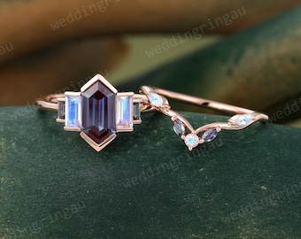 Hexagon cut Alexandrite ring set Vintage Rose gold Alexandrite engagement ring set Baguette cut moonstone ring Birthstone wedding ring set