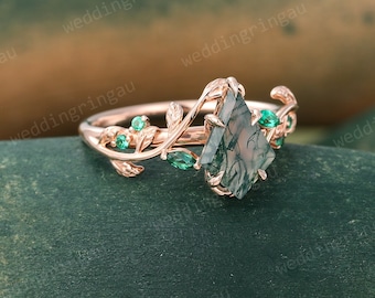Kite cut Moss agate ring Unique Rose gold Leaf engagement ring Marquise cut Emerald ring Branch ring Nature inspired Twig ring Gift for her