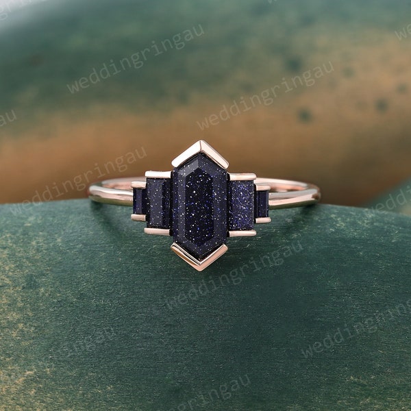 Hexagon cut Blue sandstone ring Vintage Rose gold engagement ring Galaxy ring Baguette cut sandstone ring bridal anniversary ring for women