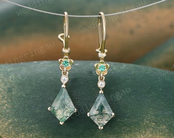 Kite Moss Agate Drop Earrings | Moissanite Emerald Earrings| Yellow Gold Nature Inspired Dangle Earrings | Unique Wedding Jewelry Gift