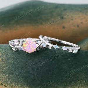 Round cut Pink Opal Engagement ring set Vintage White gold Moonstone Bridal ring set Amethyst ring Opal Curved wedding ring Promise ring