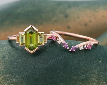 Hexagon cut Peridot Engagement ring set Vintage Rose gold Baguette cut peridot ring Open Amethyst Curved wedding band bridal promise ring