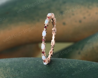 Marquise cut Natural Opal wedding band Vintage Full Eternity Garnet Wedding ring Rose gold Stacking Matching ring Unique Bridal Promise band