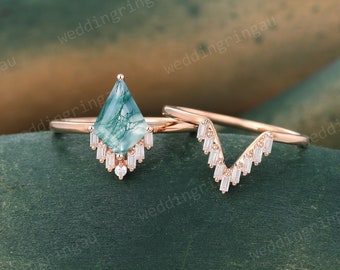 Kite cut Moss Agate engagement ring set Vintage Rose gold Baguette cut Moissanite ring Unique Curved Stacking band bridal promise ring