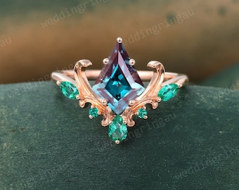 Kite cut Alexandrite engagement ring Unique Rose gold ring Art deco Marquise cut Lab Emerald ring Bridal wedding promise ring Antique ring
