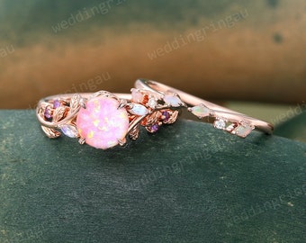 Round cut Pink Opal Engagement ring set Vintage Rose gold Moonstone Bridal ring set Amethyst ring Opal Curved Open wedding ring Promise ring