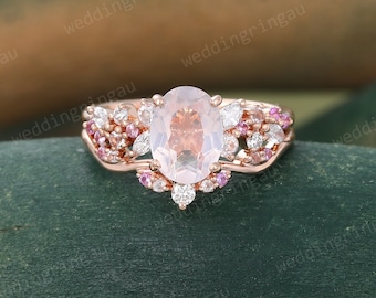 Oval cut Rose quartz wedding ring set Unique Rose quartz Engagement ring set Vintage Pink sapphire Bridal ring set Marquise cut diamond ring