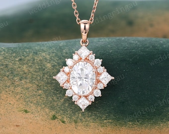Oval cut Moissanite necklace Rose gold vintage unique Halo pendant women Antique Necklace anniversary Princess cut Moissanite pendant