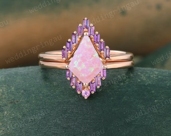 Kite cut Pink Opal Engagement ring set Vintage Rose gold Bridal ring set Pink sapphire ring Baguette cut Amethyst Chevron band Promise ring