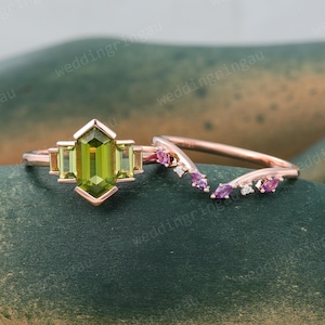 Hexagon cut Peridot Engagement ring set Vintage Rose gold Baguette cut peridot ring Open Amethyst Curved wedding band bridal promise ring