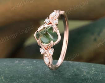 Irregular Cut Green Sapphire Ring Unique Shaped Engagement Ring Rose Gold Marquise Moissanite Wedding Promise Ring Art Deco Twisted Ring