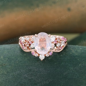 Oval cut Rose quartz wedding ring set Unique Rose quartz Engagement ring set Vintage Pink sapphire Bridal ring set Marquise cut diamond ring