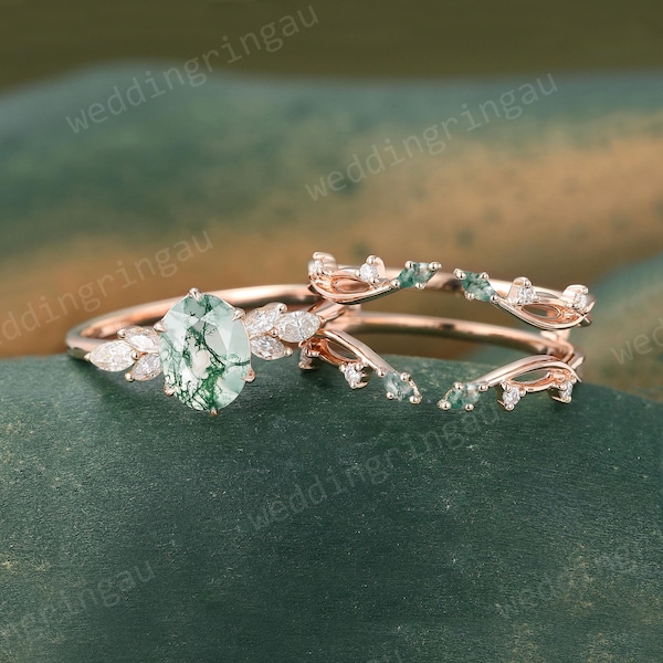 Oval Moss agate Engagement ring set Unique Rose gold Moissanite Cluster ring Leaf Double Enhancer wedding band bridal promise ring set