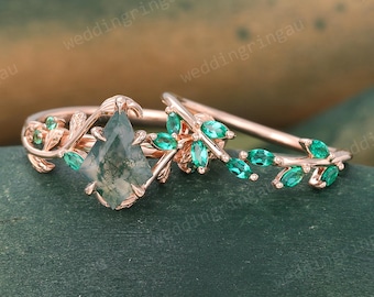 Kite Cut Moss Agate Engagement Ring Set Vintage Twig engagement ring Leaf Marquise cut Emerald ring set Agate wedding ring Promise ring set