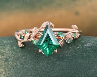 Kite Firework cut Emerald Engagement Ring Dainty Rose Gold Ring Marquise cut leaf Ring Unique Bridal Branch Twig Wedding Promise Ring