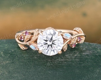 Round cut moissanite engagement ring Vintage Rose gold Leaf Marquise cut Moonstone ring Amethyst ring Nature inspired Twig ring Gift