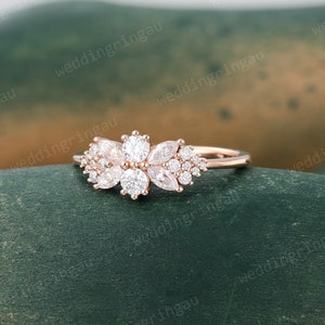 Unique Cluster Moissanite engagement ring Rose gold marquise cut moissanite ring Art deco ring Snowdrift ring for women Promise ring gift image 2
