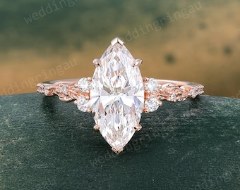 2CT Marquise Cut Lab Grown Diamond Engagement Ring Rose Gold Leaf Wedding Ring Nature Inspired Ring Anniversary Promise Gift