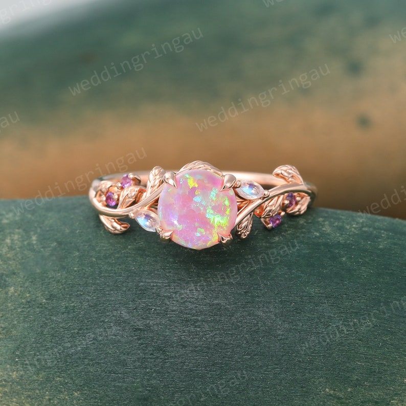 Round cut Pink Opal ring Vintage Rose gold Leaf engagement ring Marquise cut Moonstone ring Amethyst ring Nature inspired Twig ring Gift image 2