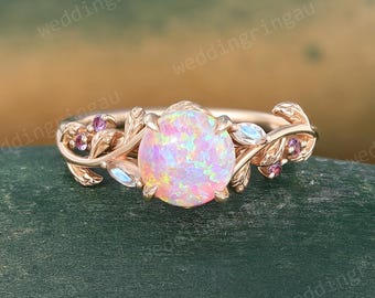 Round cut Pink Opal ring Vintage Rose gold Leaf engagement ring Marquise cut Moonstone ring Amethyst ring Nature inspired Twig ring Gift