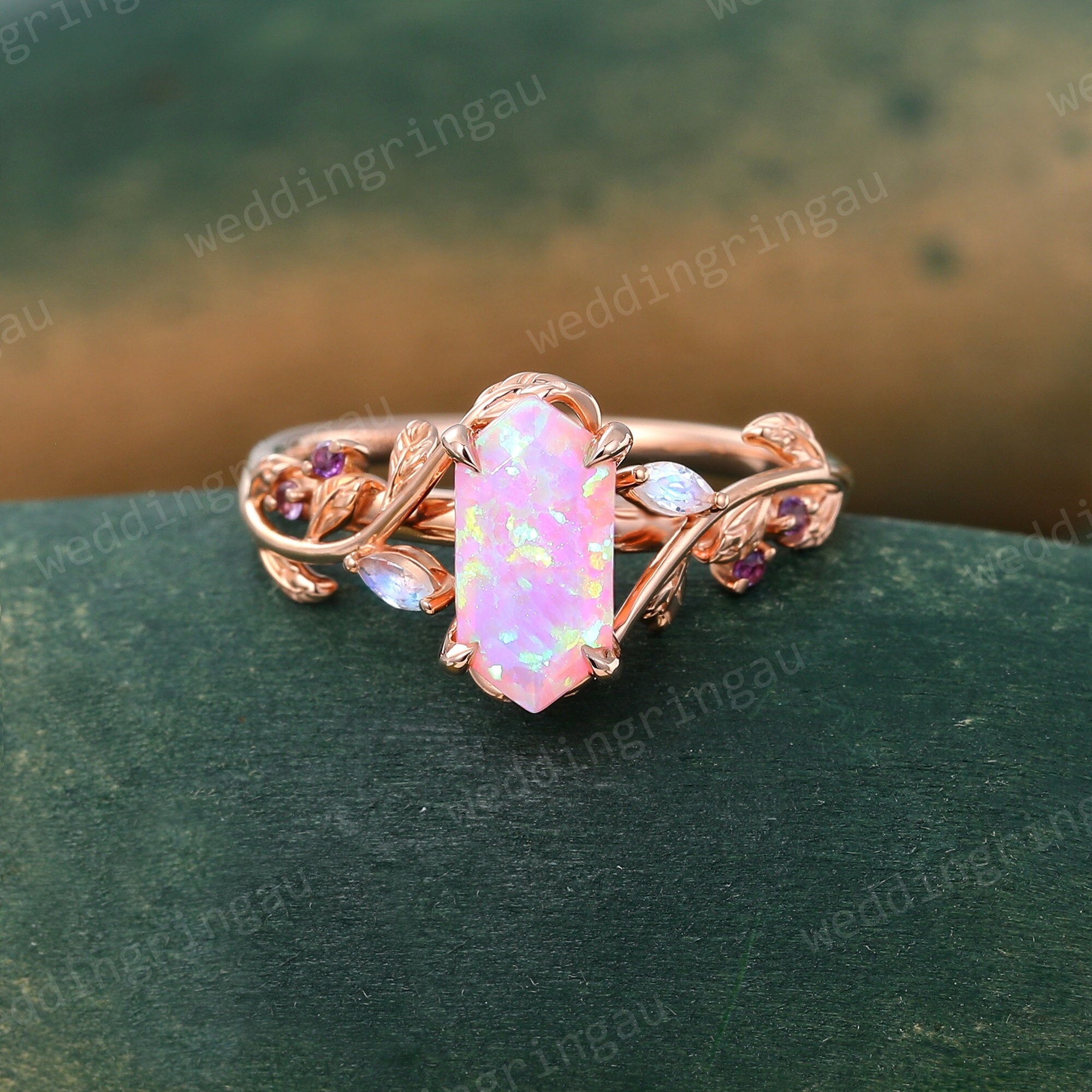 【利益還元祭】開催中！今年最後の大セール Hexagon Cut Pink Opal Ring Vintage Rose Gold Leaf Engagement アクセサリー