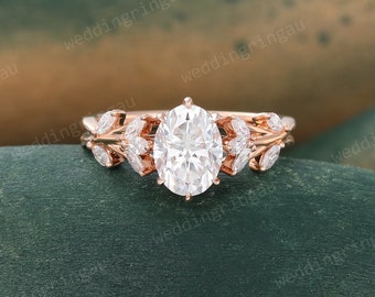 Oval cut Moissanite engagement ring Unique Rose gold ring Marquise cut Diamond Cluster ring Art deco Branch ring Vintage Bridal Promise ring