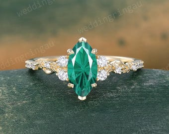 Firework cut Emerald Engagement Ring Vintage Yellow Gold Leaf Ring Nature Inspired Ring Unique Promise Anniversary wedding gift for her