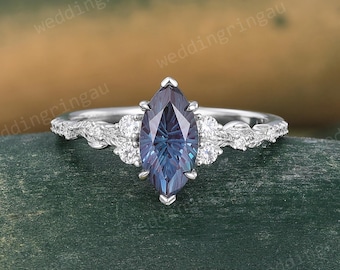 Firework cut Alexandrite Engagement Ring Vintage White Gold Leaf Ring Nature Inspired Ring Unique Promise Anniversary wedding gift for her