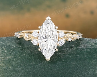 1.5CT Marquise Cut Lab Grown Diamond Engagement Ring Unique Yellow Gold Leaf Design Ring Nature Inspired Ring Anniversary Gift