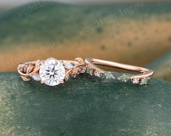 Round cut Moissanite Engagement ring set Vintage rose gold Moonstone& Amethyst Bridal ring set curved wedding Promise anniversary gift