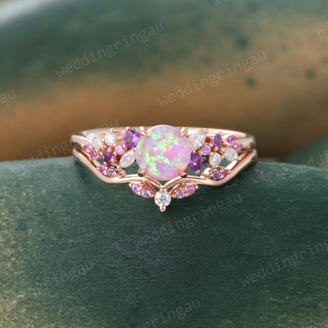 Pink Opal Engagement Ring Set Vintage Rose Gold Bridal Ring Set ...