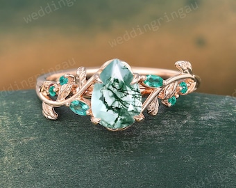 Pear shaped Moss agate ring Unique Rose gold Leaf engagement ring Marquise cut Emerald Branch ring Nature inspired ring Twig Promise ring