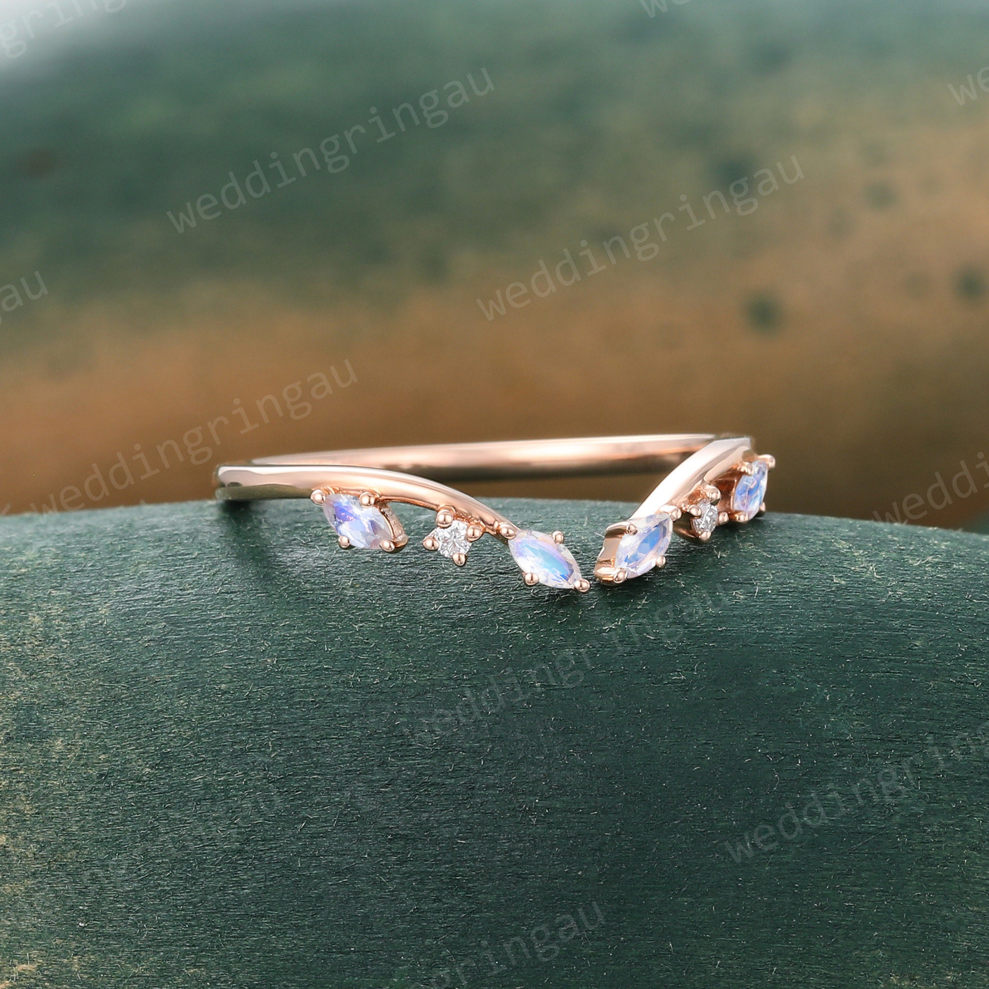 Leaf Moonstone Curved Wedding Band Unique Rose Gold