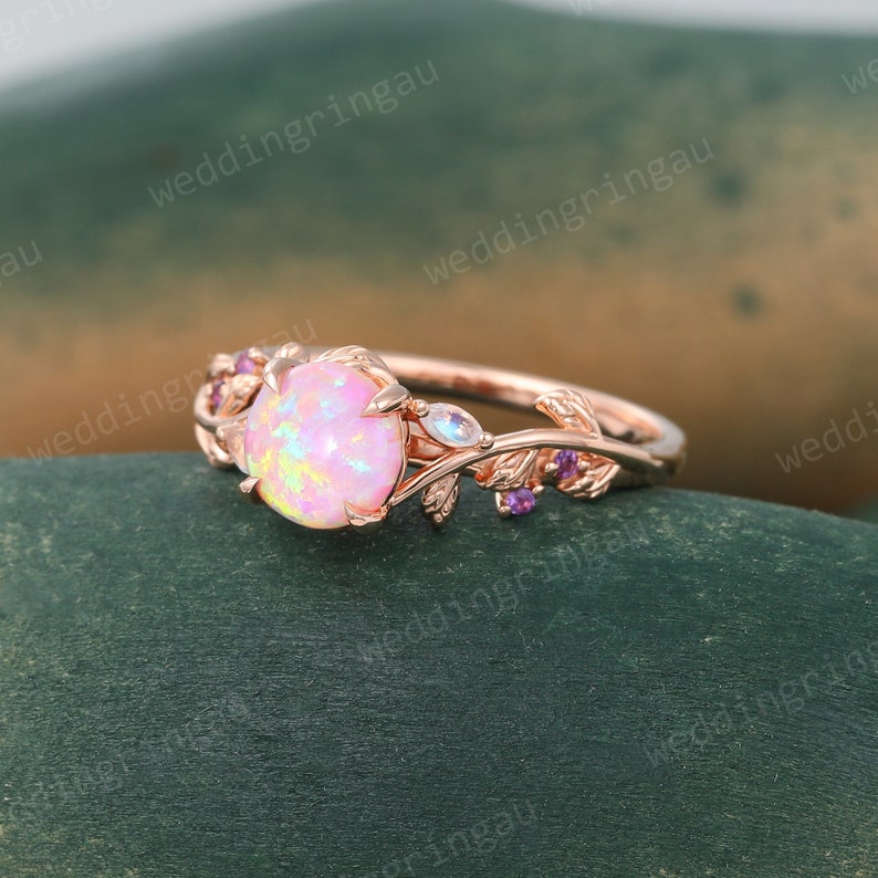 Round cut Pink Opal ring Vintage Rose gold Leaf engagement ring Marquise cut Moonstone ring Amethyst ring Nature inspired Twig ring Gift image 3