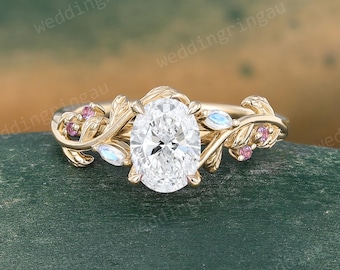 Oval cut IGI Certified Lab Grown Diamond engagement ring Unique Leaf yellow gold ring Moonstone &Amethyst wedding ring Proposal gift