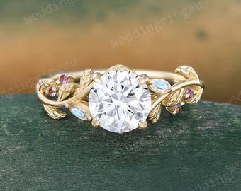 Round cut IGI Certified Lab Grown Diamond engagement ring Unique Leaf yellow gold ring Moonstone &Amethyst wedding ring Proposal gift