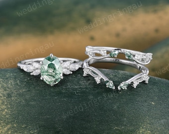 Oval cut Moss agate Engagement ring set Unique white gold Moissanite Cluster ring Leaf Double Enhancer wedding band bridal promise ring set