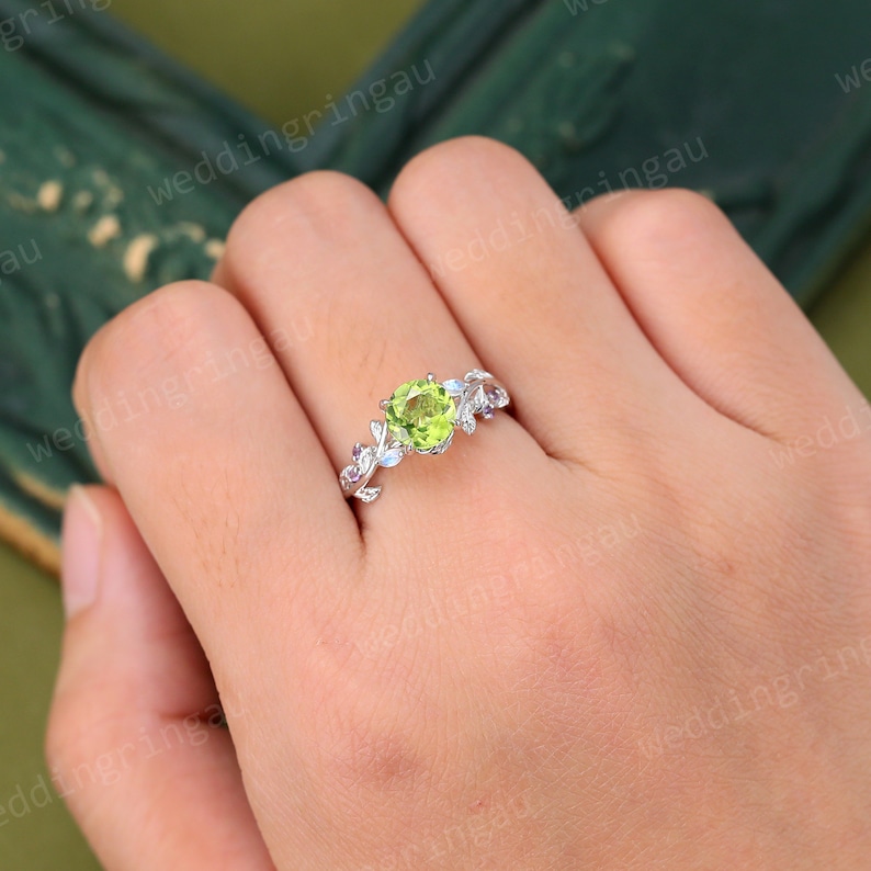 Round cut Peridot ring Unique White gold Natural Peridot engagement ring Twig leaf ring Marquise cut moonstone amethyst ring Promise ring image 4