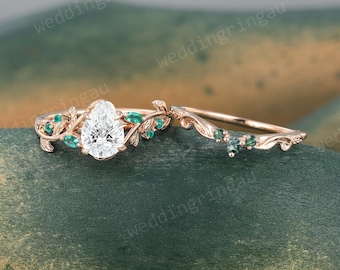 1CT Pear shaped Lab Grown Diamond Engagement Ring Set Vintage Rose gold lab emerald Leaf wedding ring Nature inspired Promise ring set