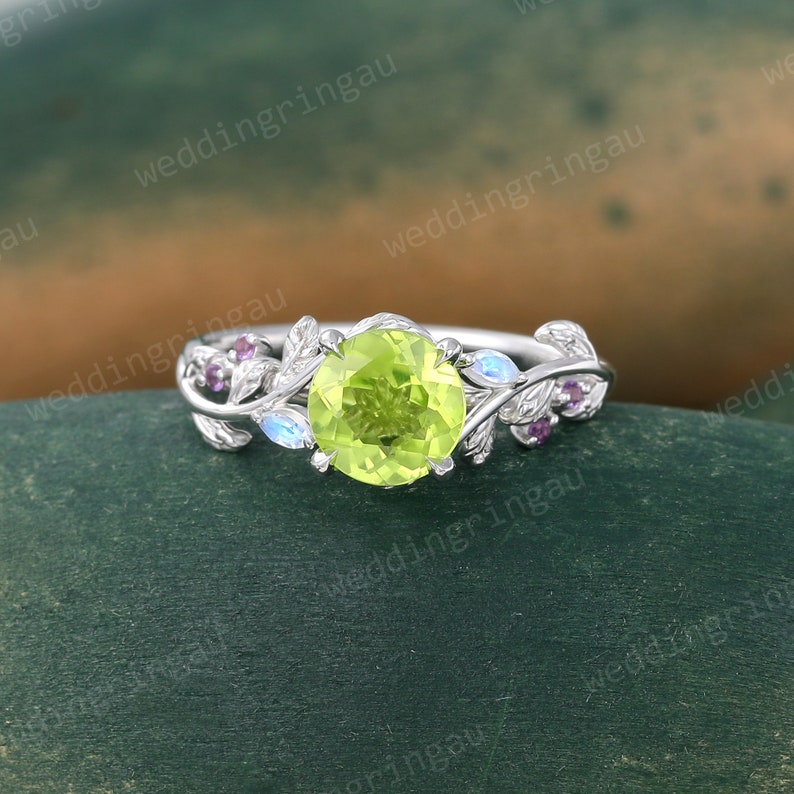 Round cut Peridot ring Unique White gold Natural Peridot engagement ring Twig leaf ring Marquise cut moonstone amethyst ring Promise ring image 2