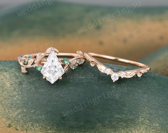 Unique Kite cut Moissanite Engagement Ring Set Vintage Rose gold Lab emerald leaf ring set Nature inspired Promise Anniversary gift