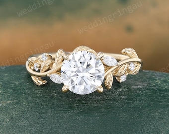 1CT IGI Certified Round cut Lab Grown Diamond engagement ring Unique Leaf yellow gold wedding ring Proposal promise anniversary gift