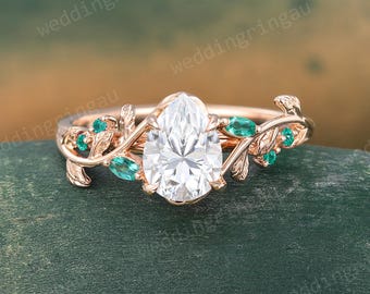 Pear shaped Moissanite engagement ring Unique Rose gold ring Marquise cut Emerald Leaf ring Art deco Branch ring Vintage Bridal Promise ring