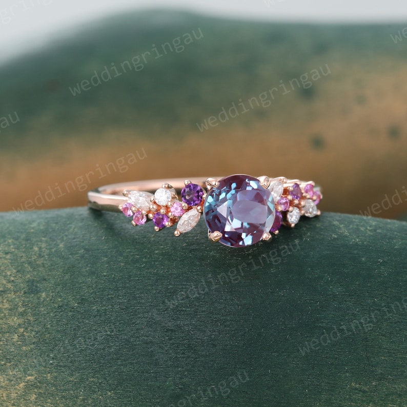 Cluster Alexandrite Engagement Ring Unique Rose Gold Ring Amethyst Pink ...