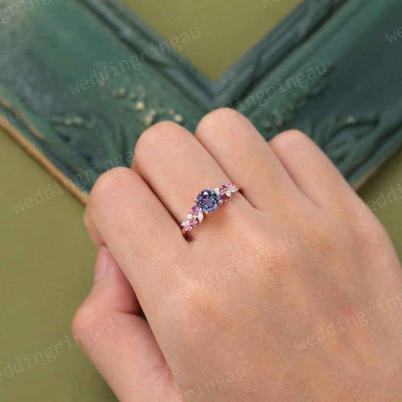Cluster Alexandrite Engagement Ring Unique Rose Gold Ring Amethyst Pink ...